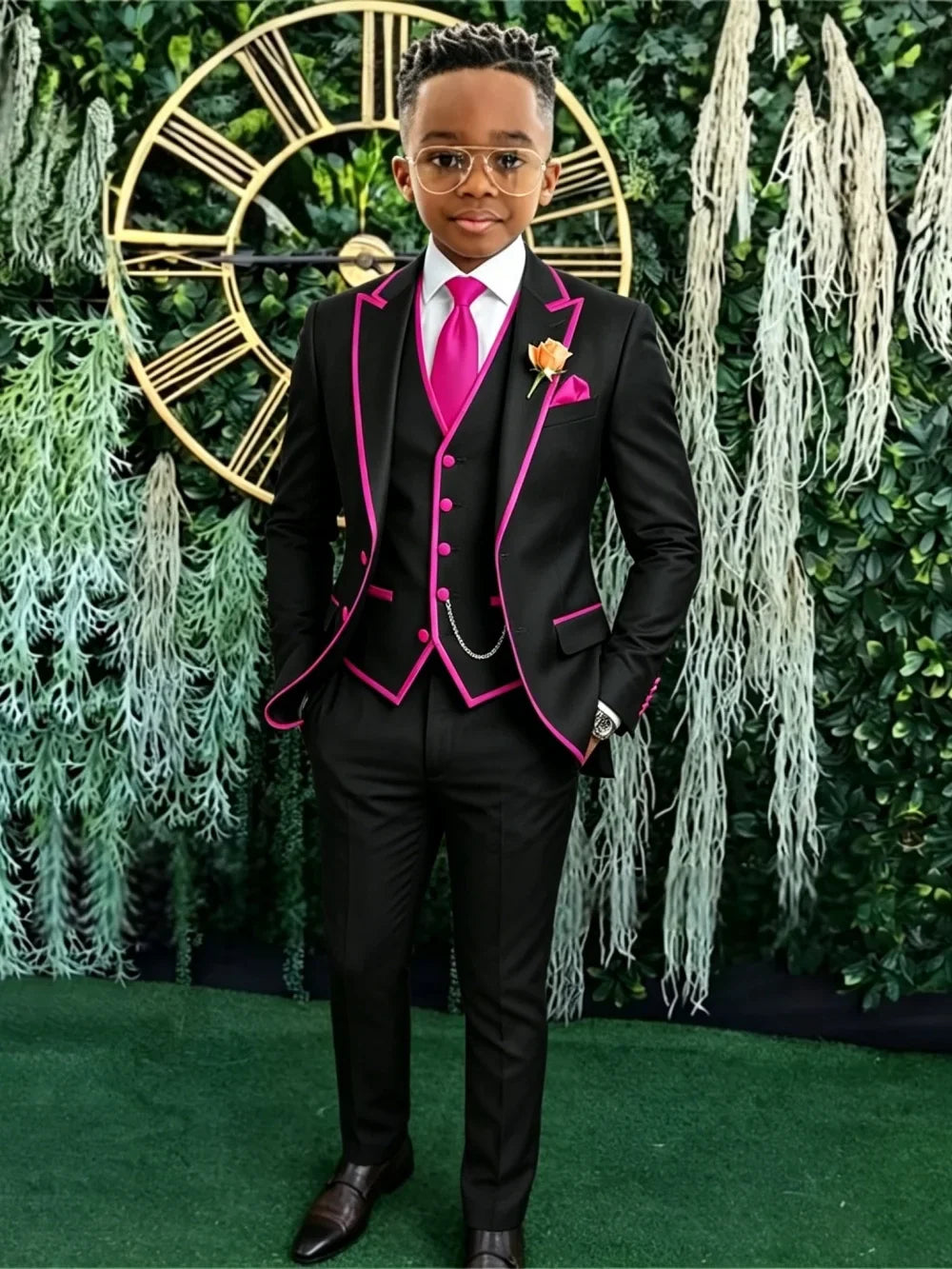 Hot Sale Boys Slim Fit Suits 3 Pieces Banquet Party Wear Smart Elegant Kids Suit Set Wedding Ring Bearer Outfit Plus Size Tuxedo
