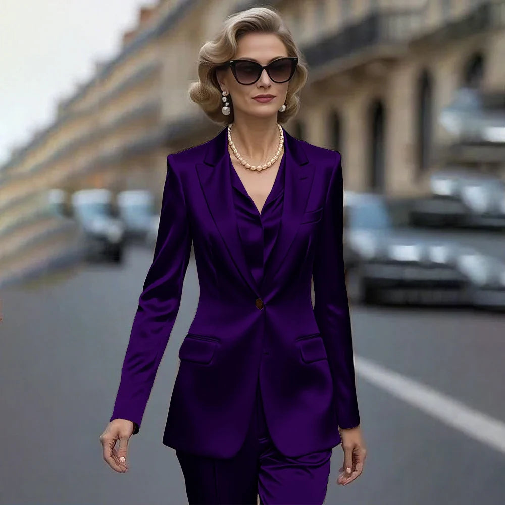 Women's Gold Satin Blazer Suit Set Stylish Single-Breasted Jacket+Pants Luxe Shiny Two-piece for Cocktail Party Wedding Guest