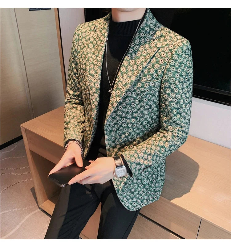 Autumn Winter Corduroy Flower Blazers Men Slim Fit Casual Suit Jacket Casual Suit Jacket Wedding Business Dress Coat Streetwear
