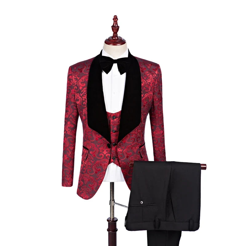 Black Velvet Men's 3 Pieces Suit Prom Costume Groom Tuxedos Formal Wedding Best Man Blazer Party Suits (Jacket+Vest+Pants)