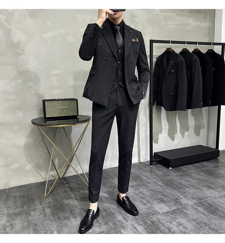 Slim Fit Double-breasted Striped Suit Vest Trousers 3-Piece Set Korean Fashion M-7XL Men's Fashionable Striped Three-piece Suit
