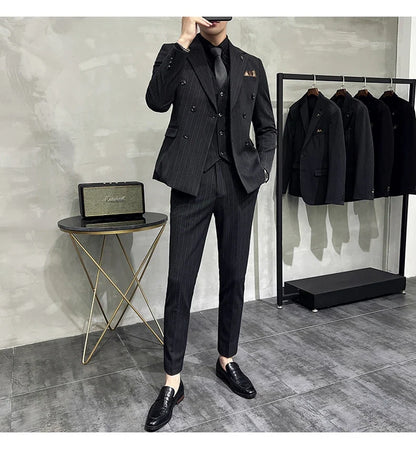 Slim Fit Double-breasted Striped Suit Vest Trousers 3-Piece Set Korean Fashion M-7XL Men's Fashionable Striped Three-piece Suit