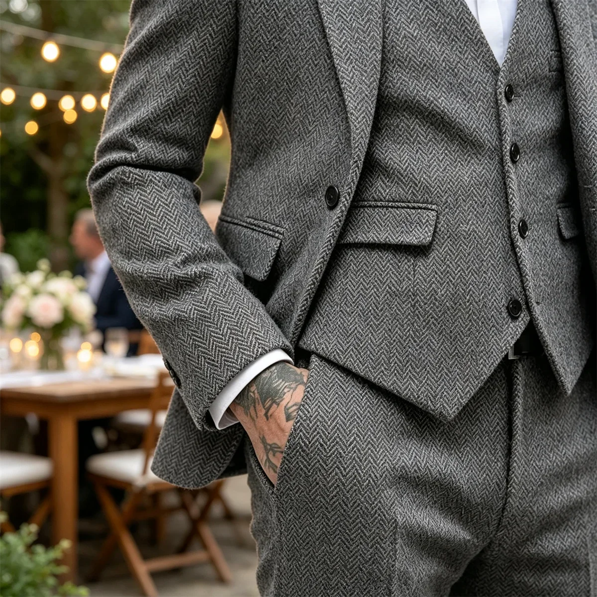 Classic Herringbone Tweed Mens Suits Stylish Vintage Tuxedo Set 3 Pieces Blazer Vest and Pant For Wedding Business Evening Party