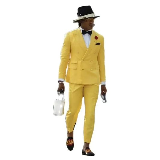 Yellow Terno Men Suits Double Breasted Peaked Lapel Regular Fashion Wedding Groomsmen 2 Piece Jacket Pants Ternos Para Hombre