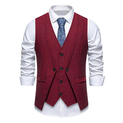 Men's Triple-Breasted Herringbone Tweed Vest – Retro Fake Two-Piece Waistcoat for Weddings & Smart-Casual Occasions