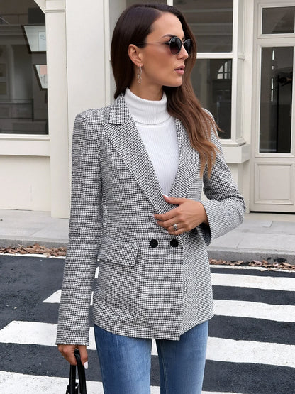 Spring Autumn 2026 Vintage Houndstooth Blazer Women Notched Loose Jacket Coat Women Clothing Female Casual 63997