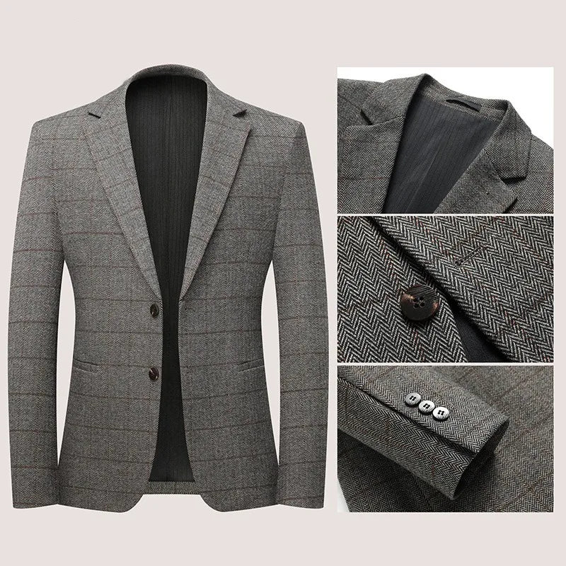 KIDWHXR Spring Autumn Men Suit Coat Retro Plaid Business Casual Male Blazer Non-ironing Single-breasted Versatile Man Outerwear