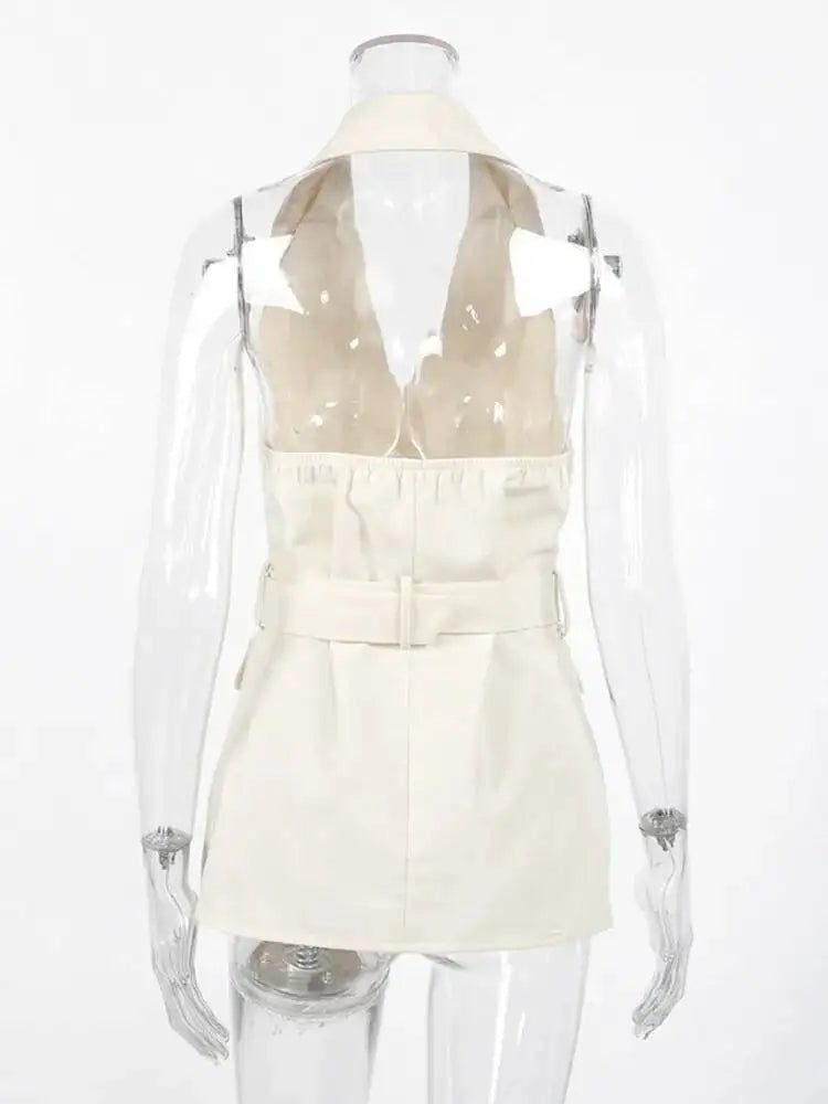 Women Solid Halter Neck Sleeveless Linen Blend Blazer Vest Waist Belted Single Button Longline Office Casual Top 2026