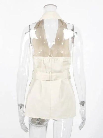 Women Solid Halter Neck Sleeveless Linen Blend Blazer Vest Waist Belted Single Button Longline Office Casual Top 2026