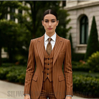 White Striped Women Suit 3 Piece Chic Peak Lapel One Button Blazer Vest Pants Formal Office Business Wedding Party Wear