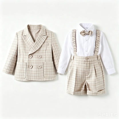 Toddler Gentleman Plaid Suit Set Boys Formal Blazer Waistcoat Suspender Shorts BowTie Wedding Birthday Baptism Party Dress Outft