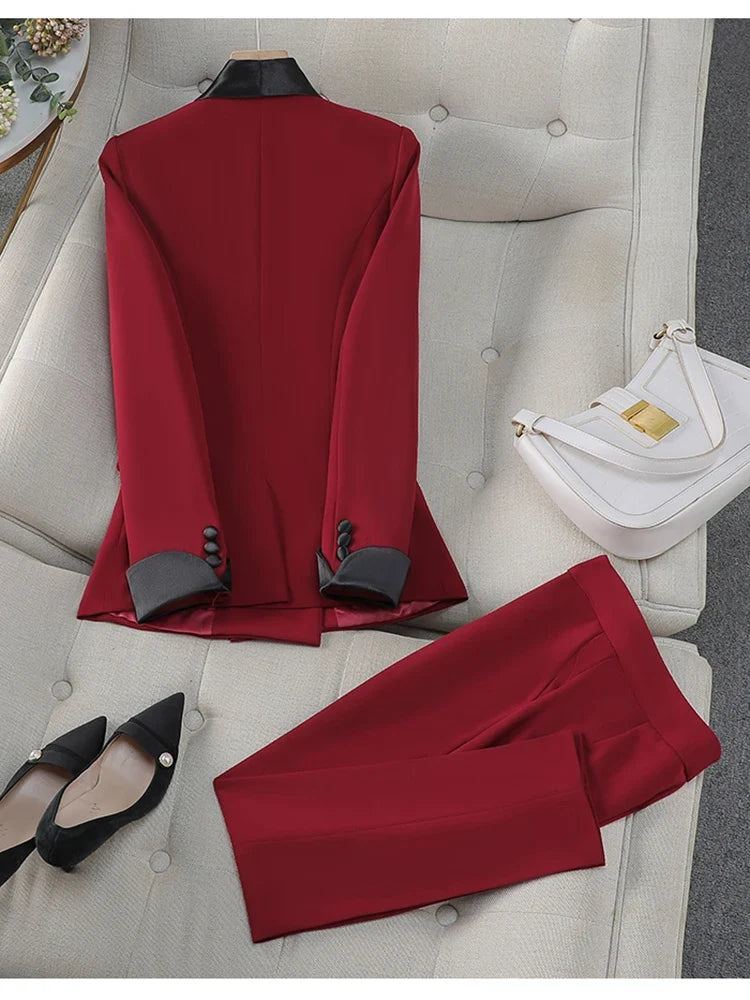 Autumn New Women's Pants Suit 2 Piece Clothing Set Elegant Chic Color Block Blazer Jacket and Trousers Sets Red Formal Work