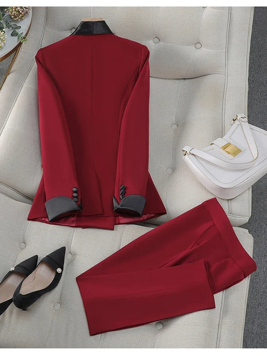 Autumn New Women's Pants Suit 2 Piece Clothing Set Elegant Chic Color Block Blazer Jacket and Trousers Sets Red Formal Work
