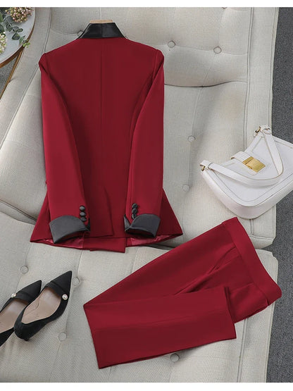 Autumn New Women's Pants Suit 2 Piece Clothing Set Elegant Chic Color Block Blazer Jacket and Trousers Sets Red Formal Work