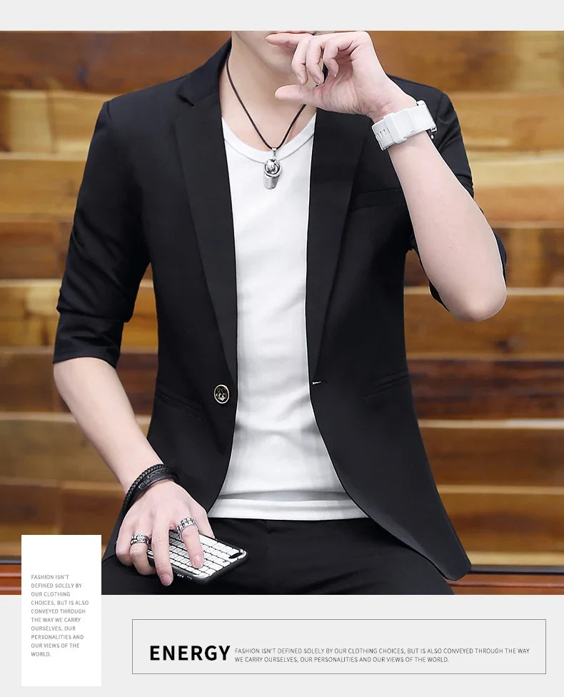 Summer 2025 Men's Mid-Sleeve Slim Fit Suit Korean Style Handsome Youth Seven-Quarter Jacket Small Suit Collection