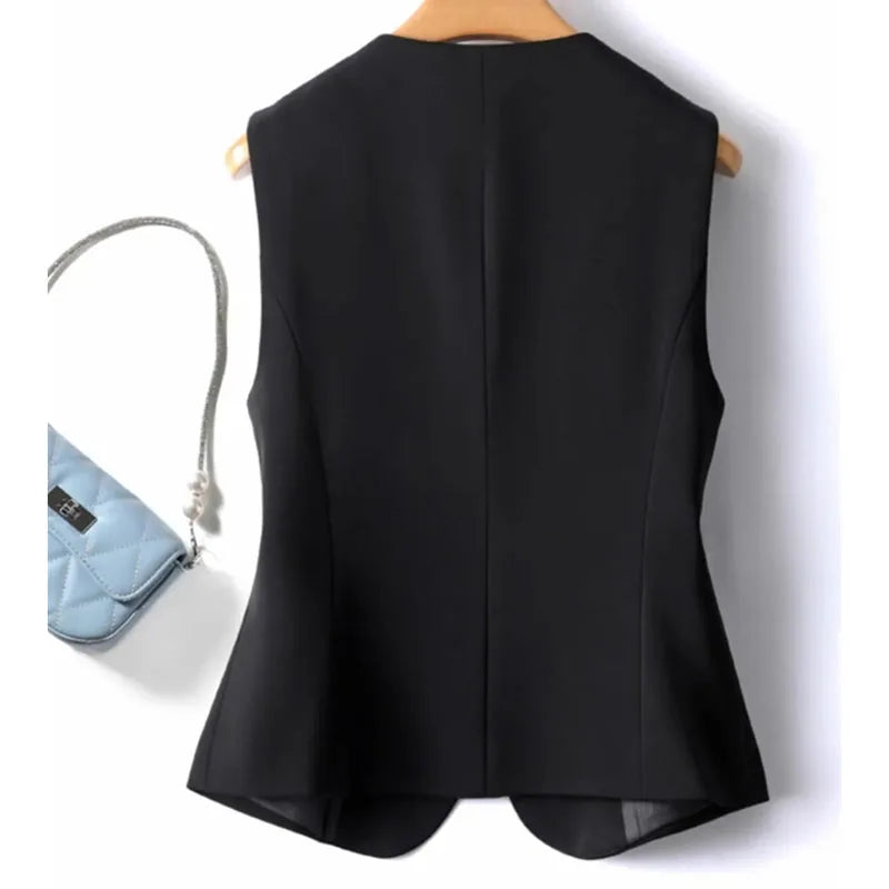 Korean Women Short Blazer Sleeveless Outwear Spring Autumn Female Suit Vest Jacket Ladies V-neck Lined Waistcoat Coat   ﻿