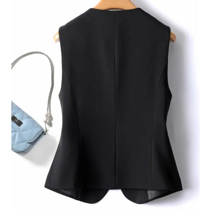 Korean Women Short Blazer Sleeveless Outwear Spring Autumn Female Suit Vest Jacket Ladies V-neck Lined Waistcoat Coat   ﻿