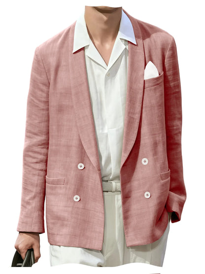 Summer Cotton Linen Blend Men Blazer Double Breasted Casual Suit Jacket Lightweight Soft Elegant Dress Coat For Prom Work Party