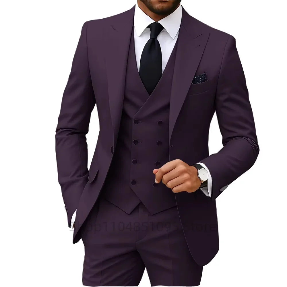 Solid Color Fashion Men Formal Business Suits Wedding Suit Slim Fit Groom Tuxedos 3 Pcs Set Dress Peak Lapel Blazer Vest Pants