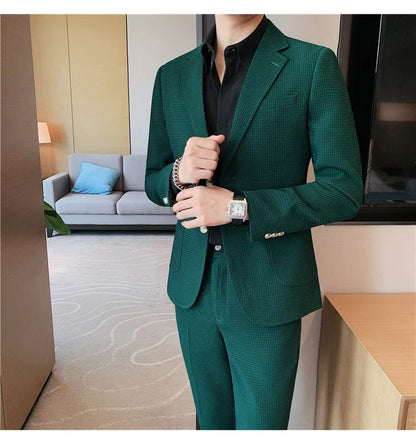 2025 New Waffle Blazers +Pant 2 Piece Set Men Fashion Business Slim Fit Solid Tuxedo Groom Wedding Prom Wear Casual Men's Sets