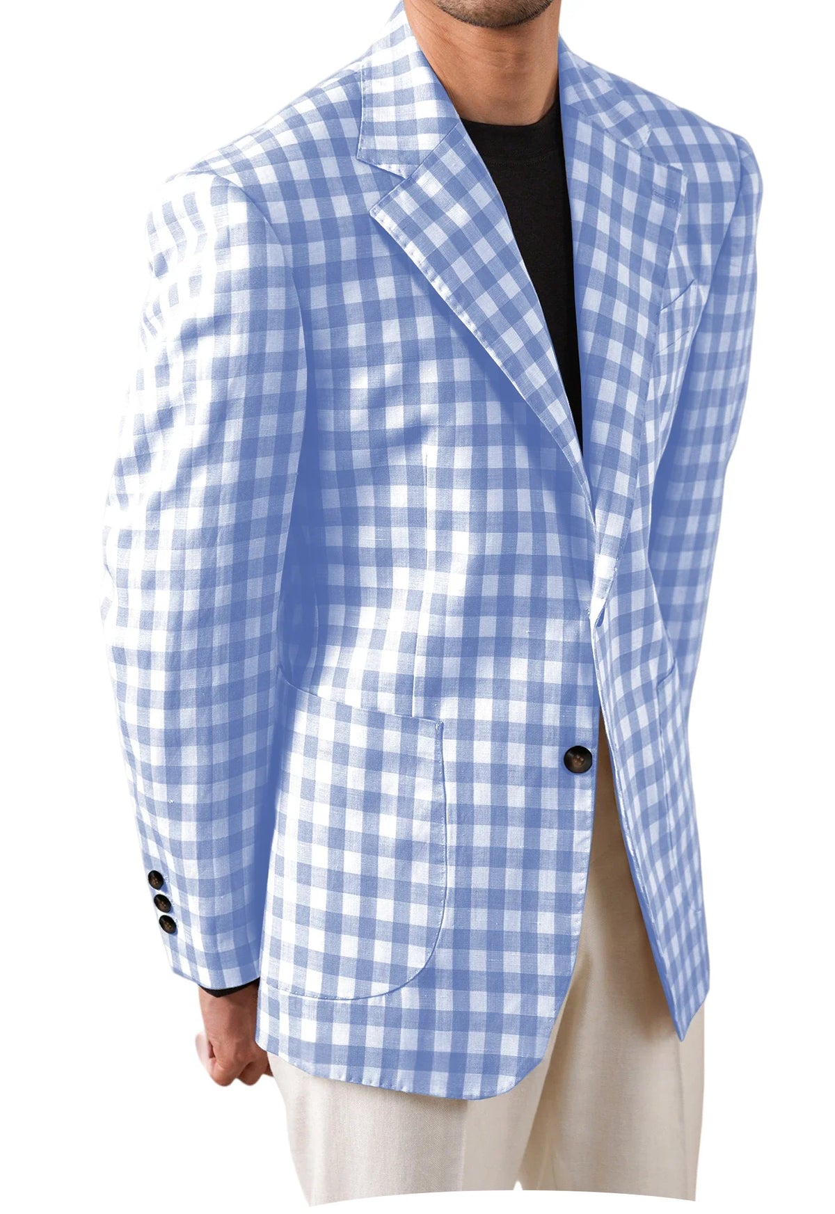 Men's Checkered Cotton Blazer Notched Lapel Single-Breasted Casual Business Summer Sport Coat with Patch Pockets