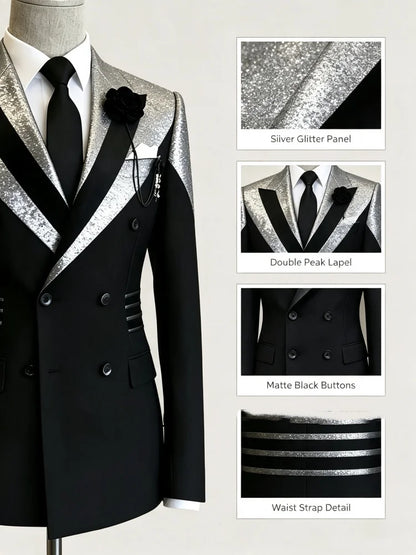 Men's High-Quality Business Suit Men Black Silver Glitter Double Breasted Blazer, Slim Fit Wedding Groom Banquet Formal Jacket