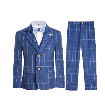 Gentleman Kids Blue 4Piece/Set Jacket Vest Pants Bowtie Photograph Suit Boys Piano Dress Children Graduation Performance Costume