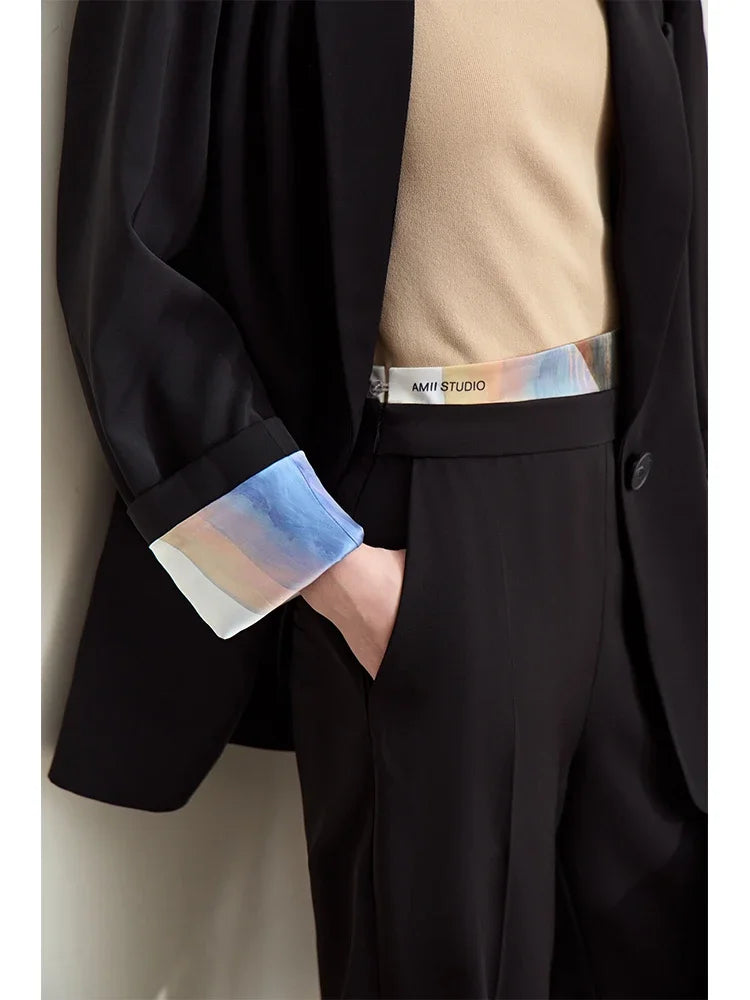 Minimalism Women Tailored Coat 2024 Autumn New Office Lady Lapel Collar Print Patchwork Mid-length Loose Blazer 12443016