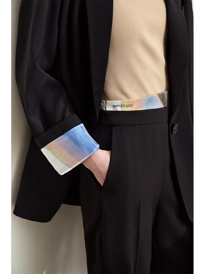 Minimalism Women Tailored Coat 2024 Autumn New Office Lady Lapel Collar Print Patchwork Mid-length Loose Blazer 12443016