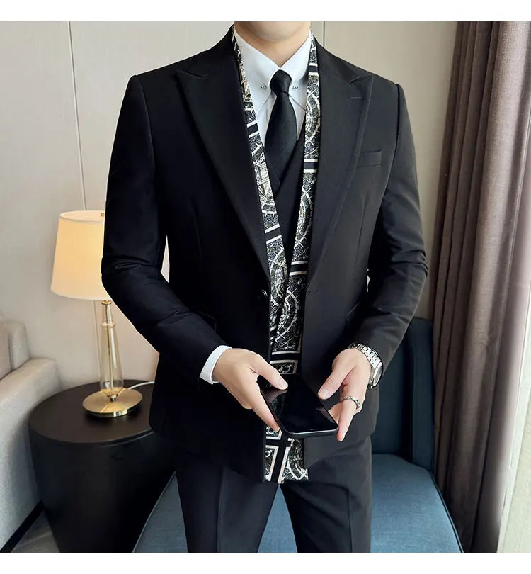 Double Collar Suit Set 3 Pieces Business Formal Casual Suits Vest Trousers Office Work Party Prom Wedding Groomsmen Clothing