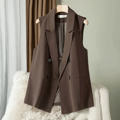 Fashion Suit Vests Women Simple Double Breasted V-neck Sleeveless Jacket 2025 New Korean Slim All-match Waistcoat Daily Outwear