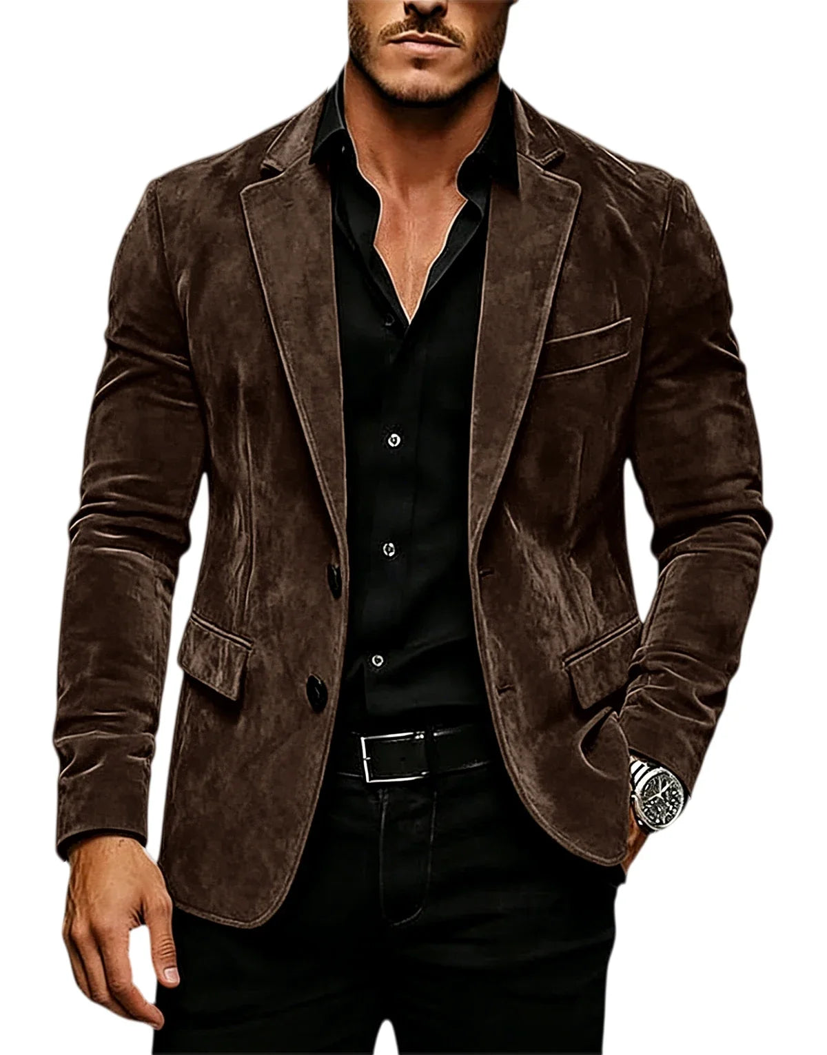 Vintage Men's Suede Blazer Slim Fit 2 Button Notched Lapel Casual Suit Jacket Formal Business Tuxedo Wedding Party Daily Wear