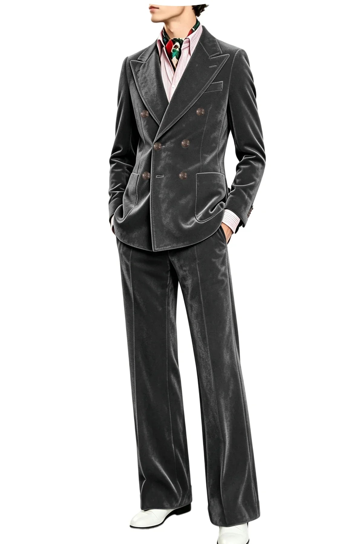 Men's Velvet Suit 2 Piece Double Breasted Peak Lapel Blazer & Straight Leg Pants for Formal & Wedding