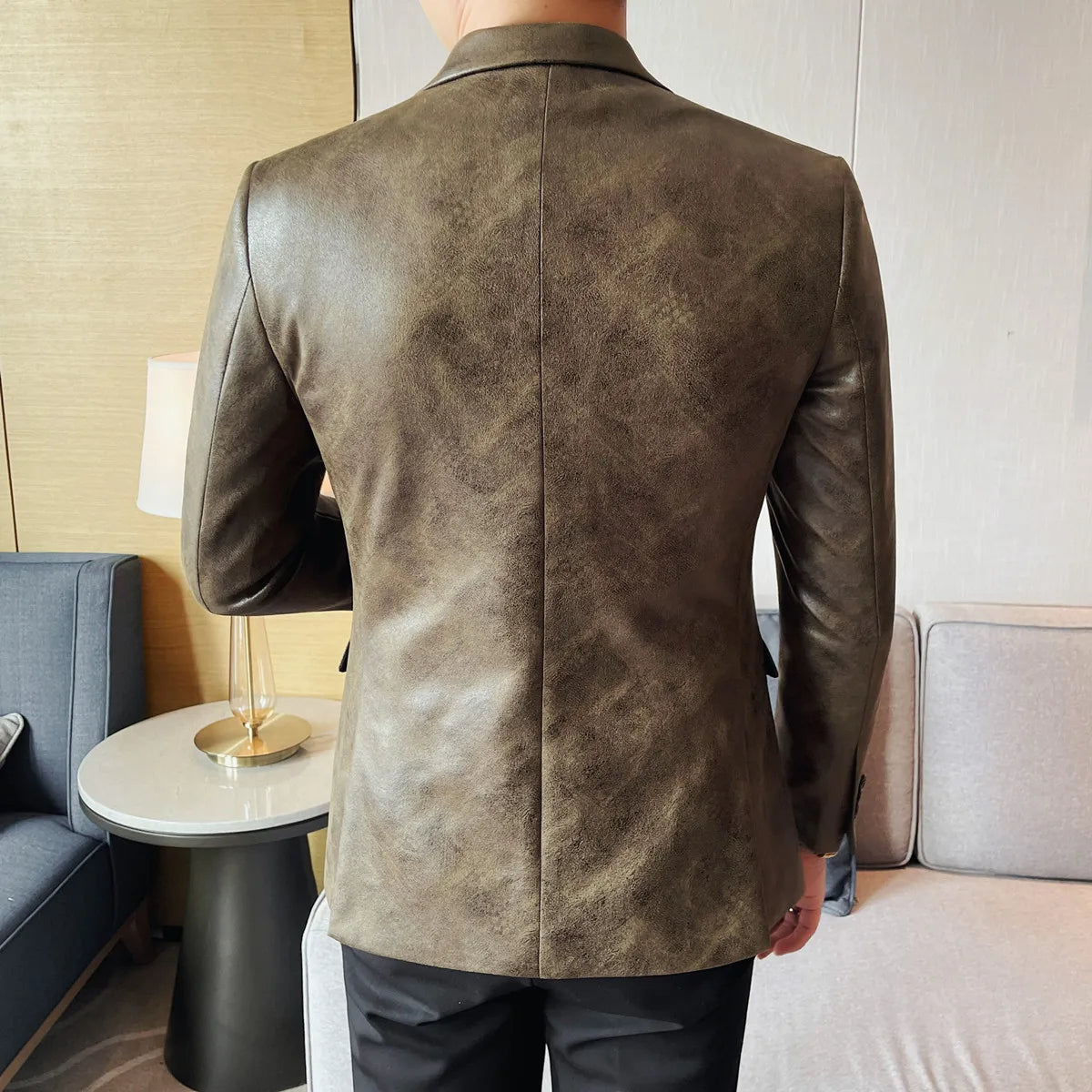 Retro Double Breasted Leather Jacket Mens High-end Fashion Slim Fit business Casual Suit Coat Formal Social Party Prom Tuxedos
