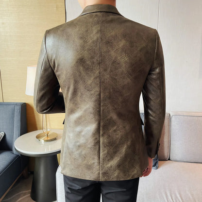 Retro Double Breasted Leather Jacket Mens High-end Fashion Slim Fit business Casual Suit Coat Formal Social Party Prom Tuxedos