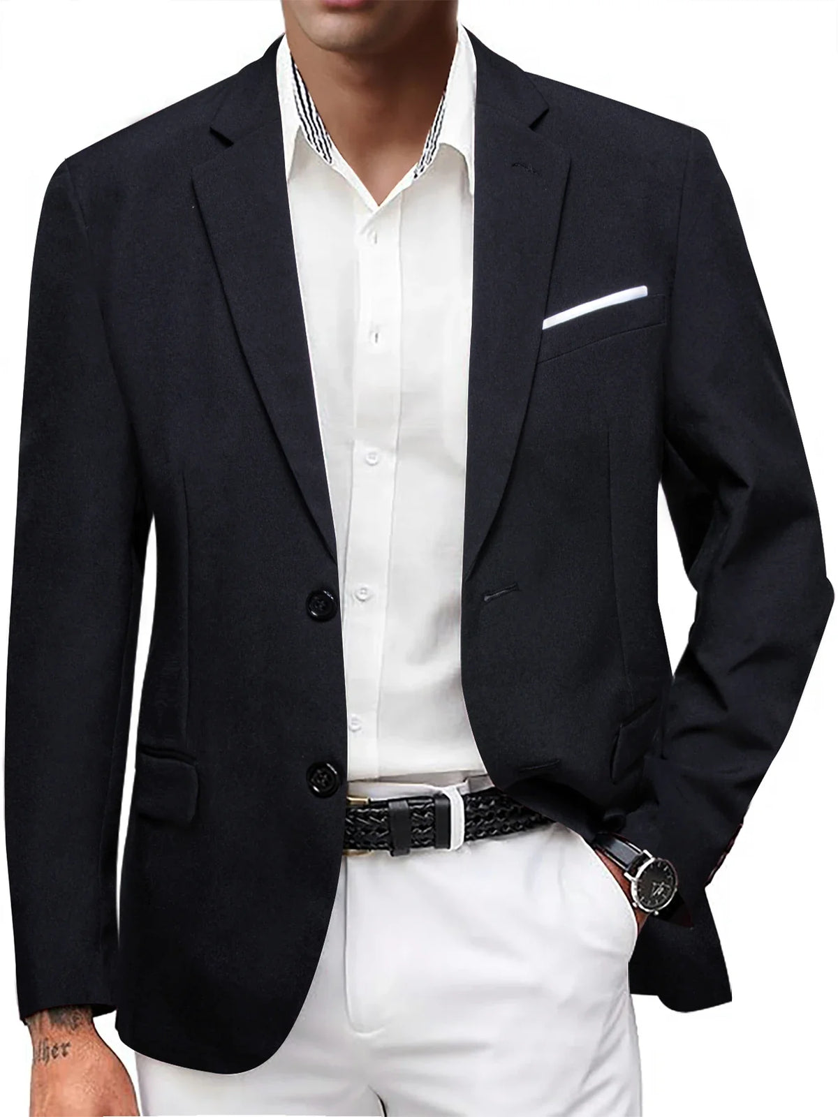 Solid Black Men Suit Blazer, Notch Lapel Two Button Slim Formal Jacket for Business Office Wedding Daily Wear