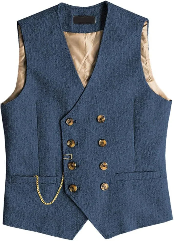 Men's Waistcoat Herringbone Double Breasted Vest for Wedding Banquet