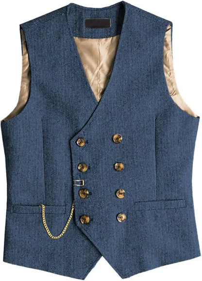 Men's Waistcoat Herringbone Double Breasted Vest for Wedding Banquet