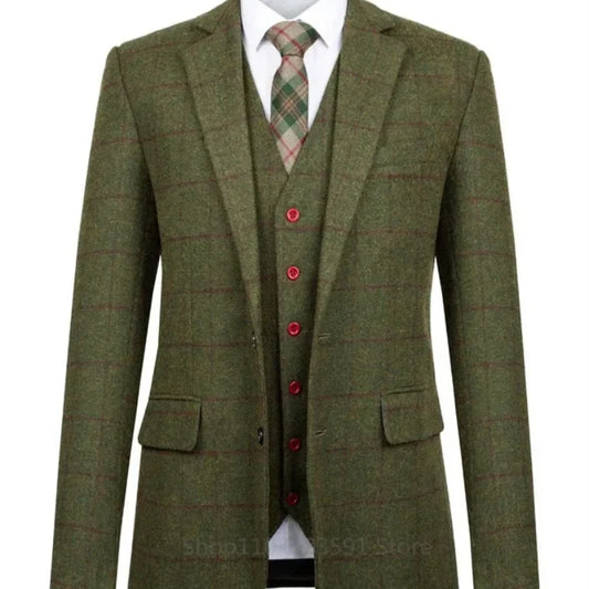 3 Piece Army Green Woolen Plaid Slim Fit Men's Suit – Wedding, Business & Party Tuxedo Set