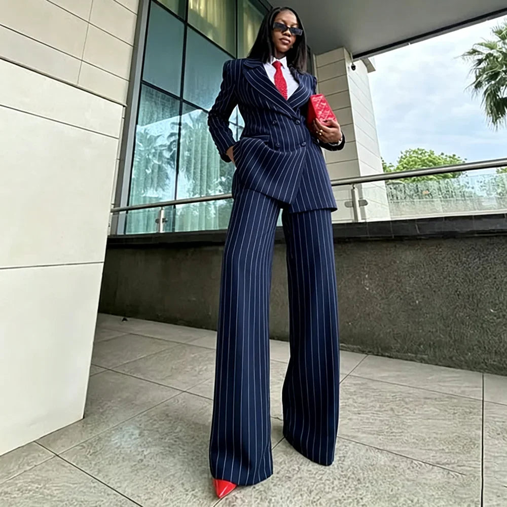 Elegant Women Pinstripe Double Breasted Suit 2‑Piece Ivory Blazer Wide Leg Pants Set Formal Business Evening Party Outfit