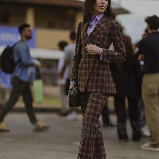 Women's Plaid Double Breasted 2 Pieces Suit Classic Fit Peak Lapel Blazer Pants Daily Casual Party Streetwear High Quality