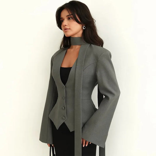 Women's Blazer Jacket Choker Tie Lapel Button Front Long Sleeve Slim Fit Peplum Office Work Formal OuterwearMultipleColors