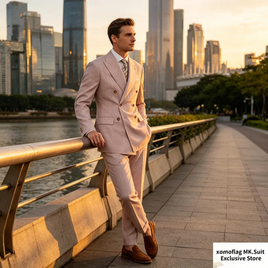 Men's Double Breasted Two-Piece Suit – Slim Fit Blazer & Trousers for Wedding & Business