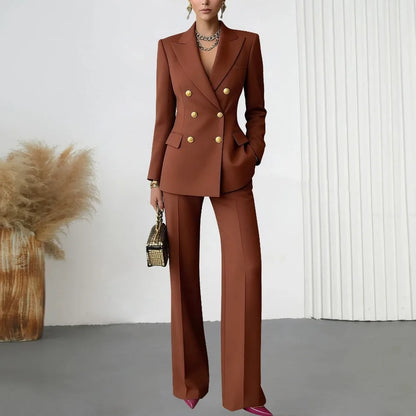 Pure Color Button up Long Sleeve Shirt And Pants Set Formal Streetwear Polyester Spandex Women's Casual Outfit Four Seasons
