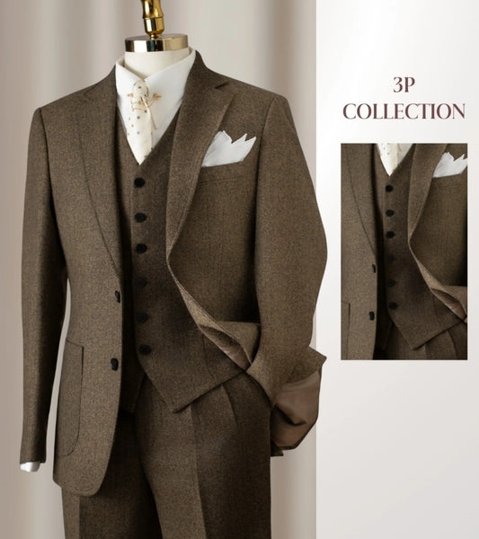 Vintage Men 3 Piece Tweed Suit Herringbone Wool Blazer Vest Pants Outfit Formal Wedding Groom Tuxedo Business Party Customized