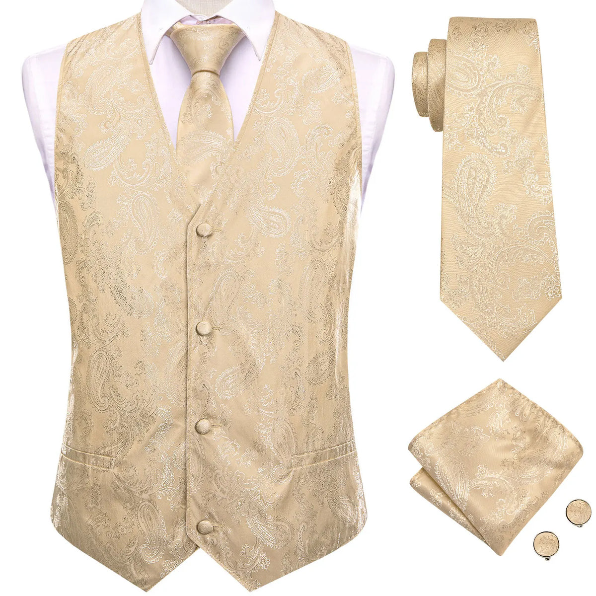 Men's Suit Vest 4-Piece Set | Woven Paisley Waistcoat with Tie, Pocket Square & Cufflinks | Wedding & Business Formal