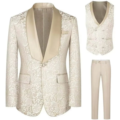 Costume de smoking 3 pièces Jacquard mode pour homme avec revers châle, ensemble de blazer gilet et pantalon coupe ajustée pour mariage, bal de promo ou soirée