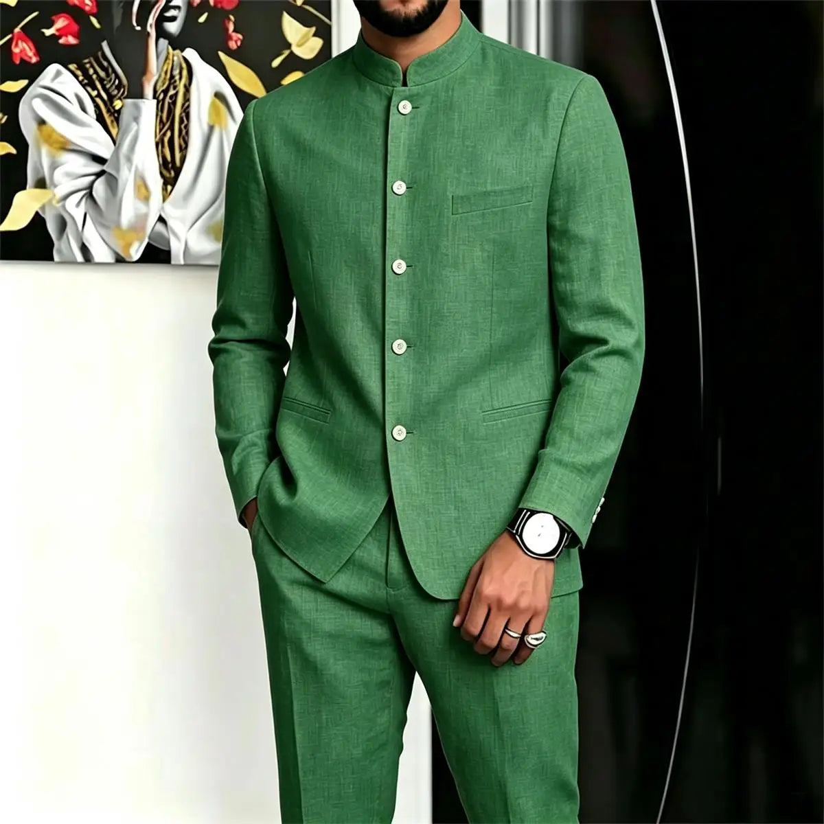 Chinese Suit for Men 2 Piece Suits Slim Fit Chinese Tunic Suits Stand Collar Weddig Prom Suit Blazer Pants Set Outfit