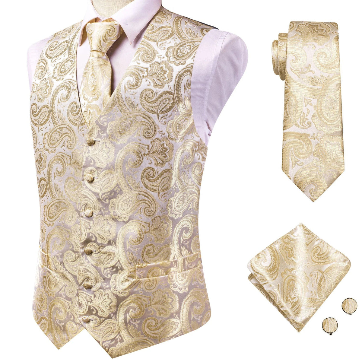 Men's Vest Suit Set – Champagne Gold Paisley Waistcoat for Weddings & Formal Events