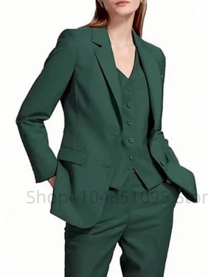 Office Ladies Pantsuits Solid Women Business Classic Single Breasted Flared Pants Blazer Vest Pants Three Piece Set Formal Suit